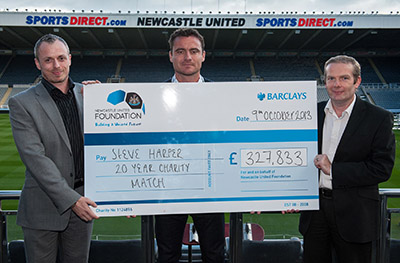CDL md Darrel Birkett ((left) and colleague Chris Oldroyd (right) with Steve Harper and the cheque which will be distributed to the Newcastle United Foundation, Great North Children’s Hospital and the Sir Bobby Robson Foundation and through them the Alan Shearer Foundation, the Toma Fund, and the Clarke Lister Brain Haemorrhage Foundation